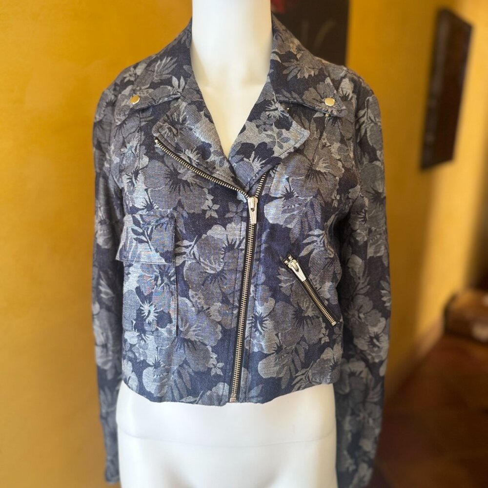 VEDA Cropped Floral Moto Jacket in Linen Blend – Size S – Made in USA
